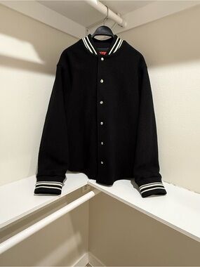 Men's Black Varsity Bomber Jacket with White Stripe Trim